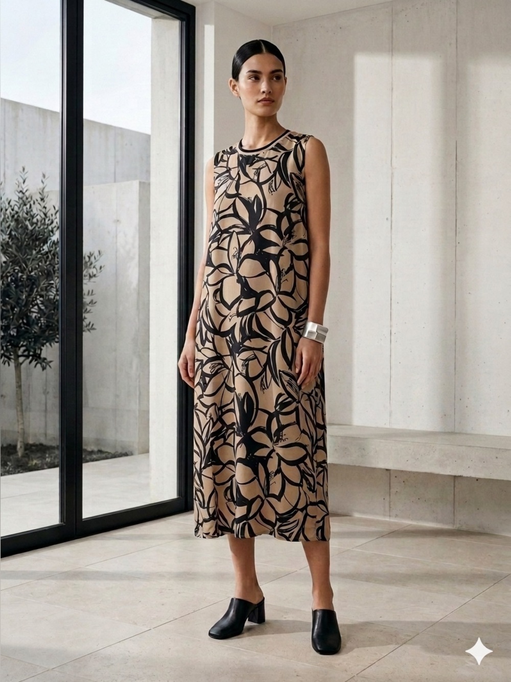 ASOS Beige & Black Botanical Print 100% Silk Sleeveless Midi Dress - US 12